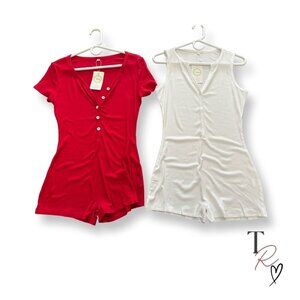 Bundle of 2 Ribbed Henley Lounge Pajamas PJ Casual Bodysuit Romper NWT Size M